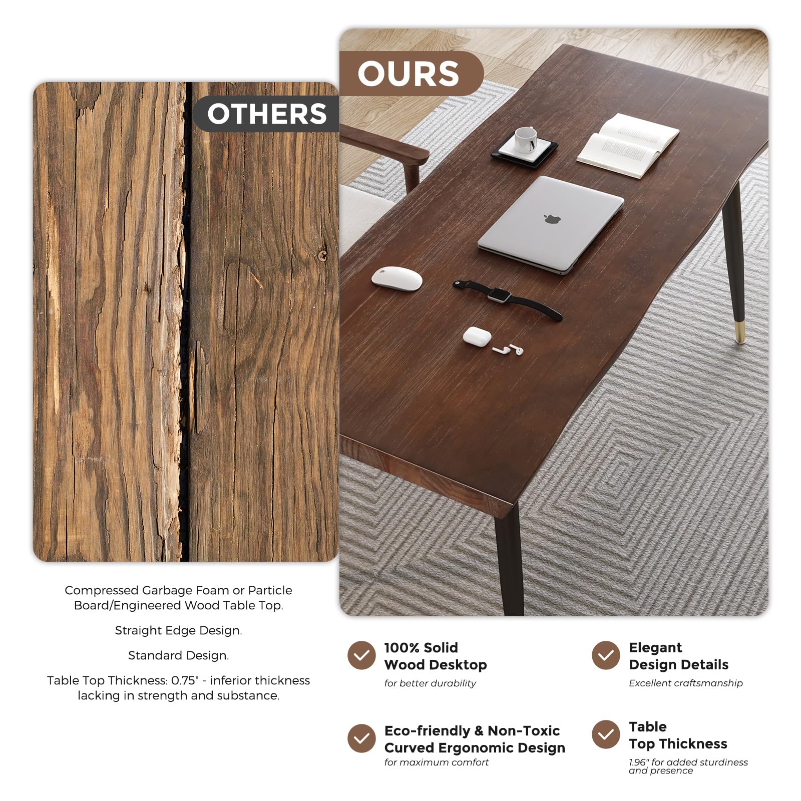 55" Standing Desk Study Computer Desk - Black Metal Frame Solid Wood