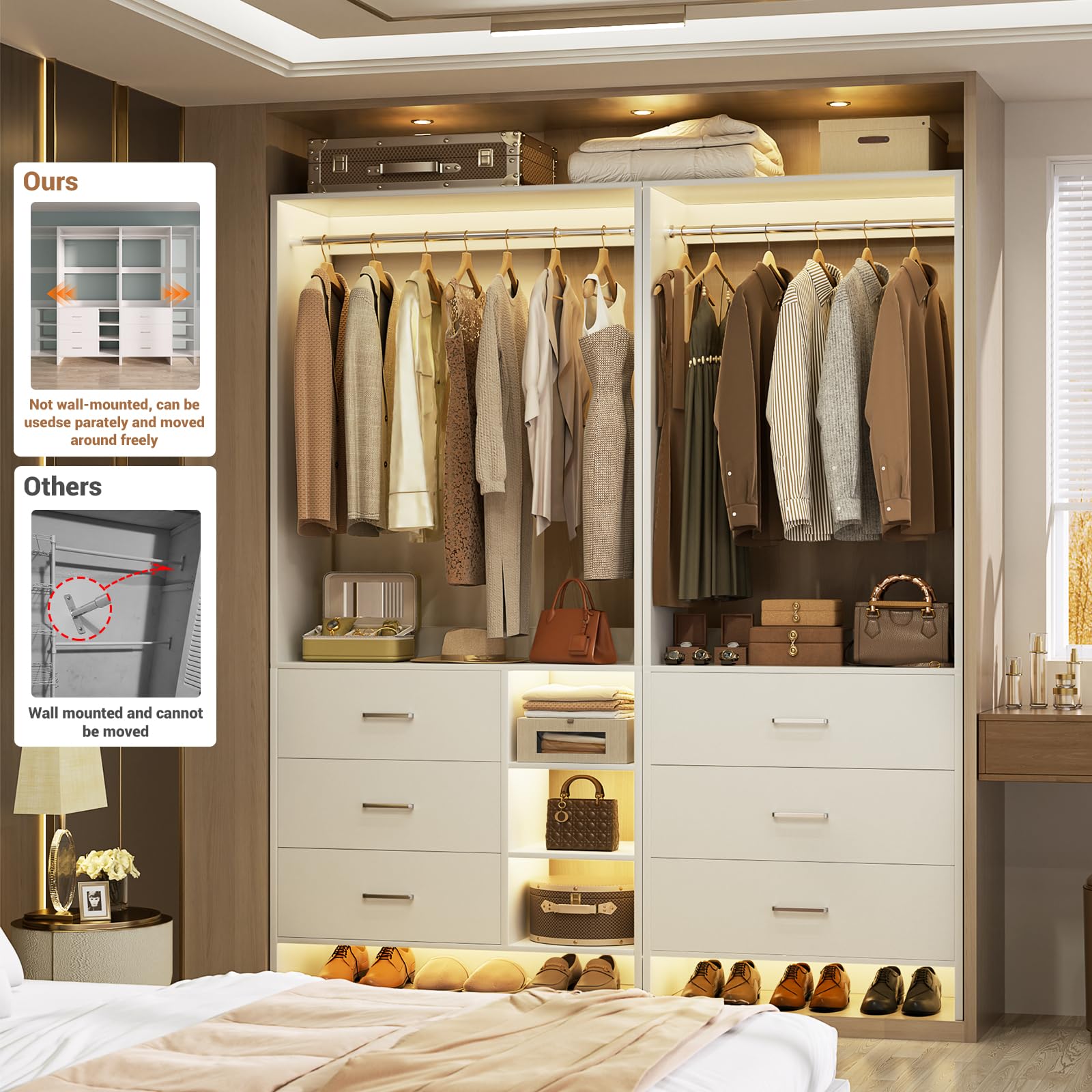Closet System with 6 Drawers and Hanging Rods