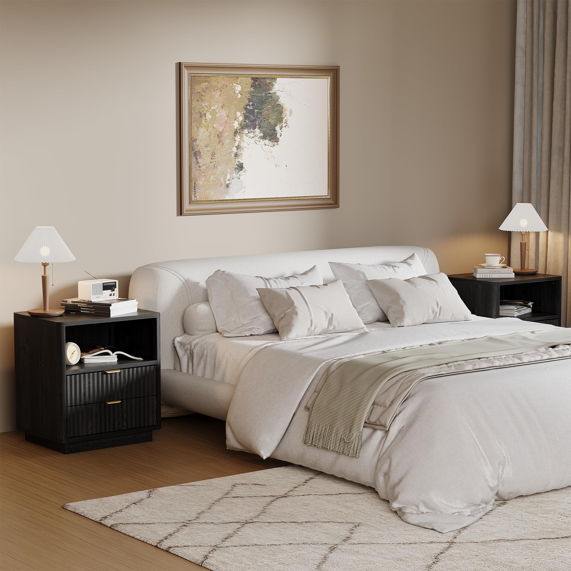 Fluted Nightstands Set of 2 with Drawers and Open Shelves