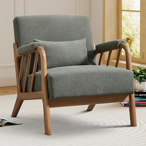 IOMOR Mid Century Modern Accent Chair with Solid Wood Frame, Upholstered Living Room Chairs with Lumbar Cushion Padded Arms, Reading Armchair for Bedroom (1, Olive Green)