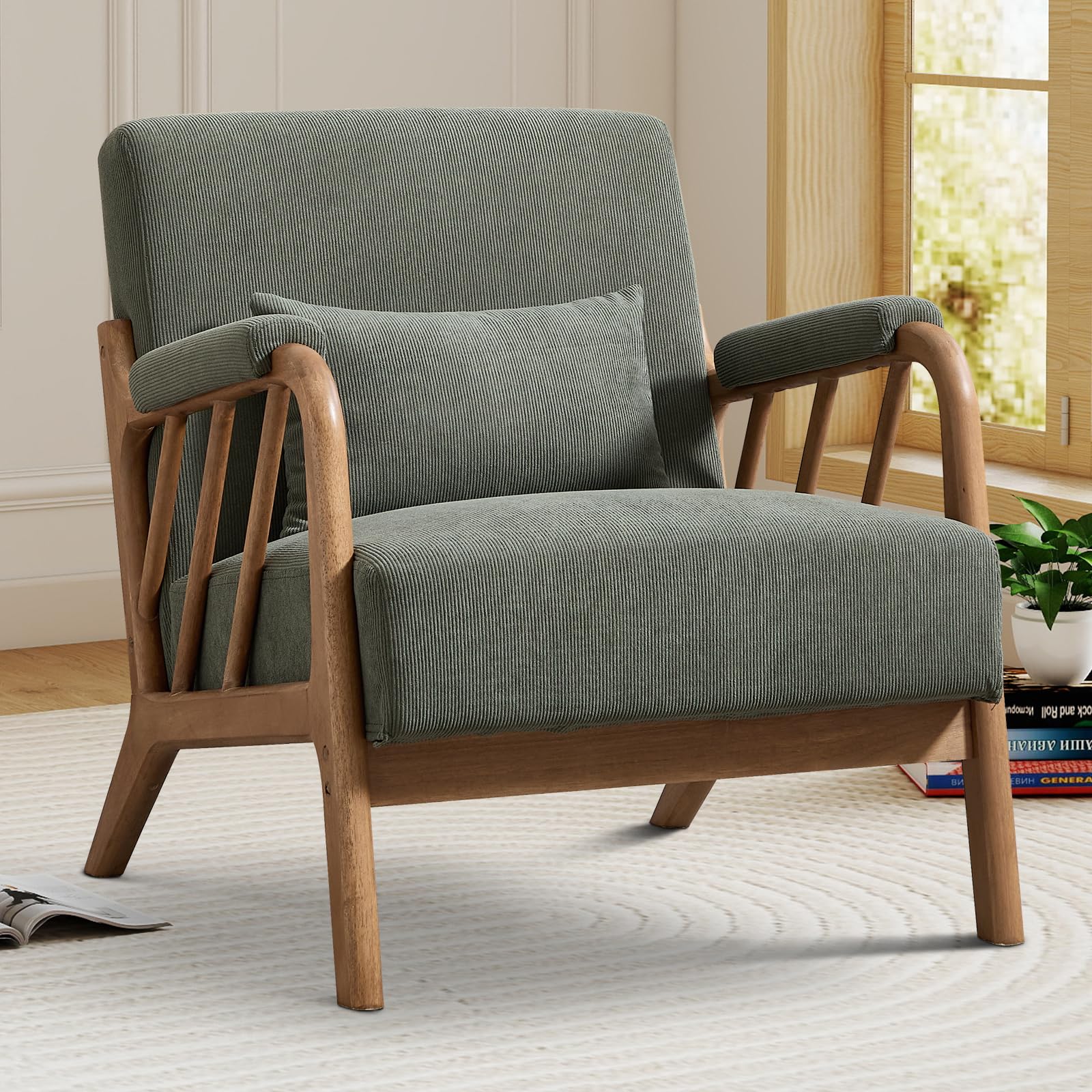 IOMOR Mid Century Modern Accent Chair with Solid Wood Frame, Upholstered Living Room Chairs with Lumbar Cushion Padded Arms, Reading Armchair for Bedroom (1, Olive Green)