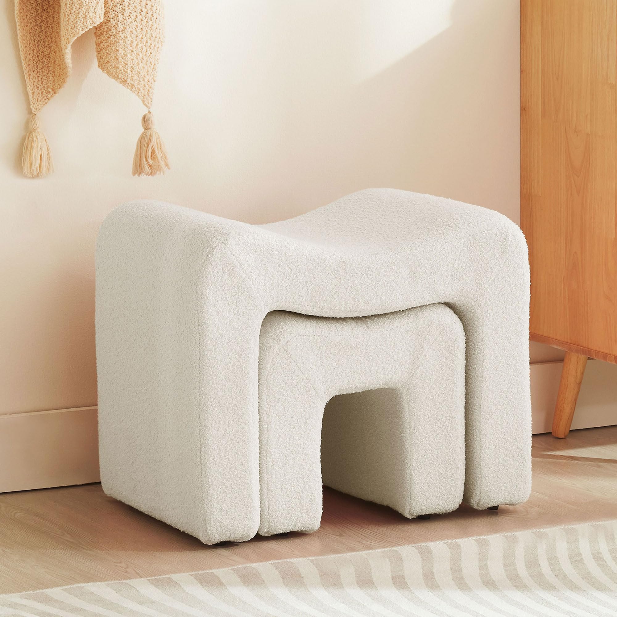 Small Footstool Ottoman Vanity Stool Set White Teddy Velvet 2-in-1