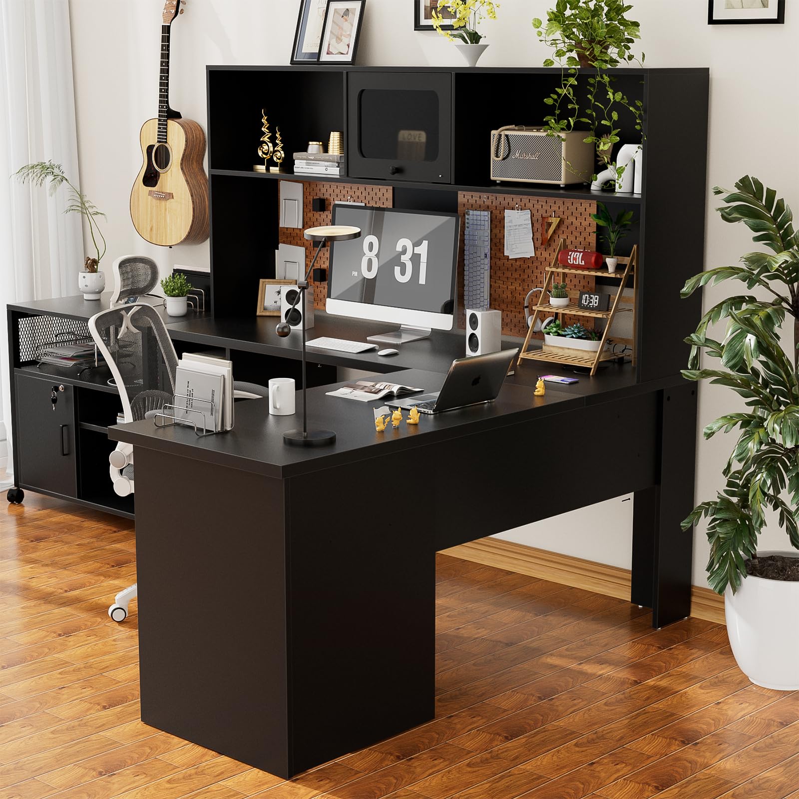 L-Shaped Office Desk with Hutch 60 Inch