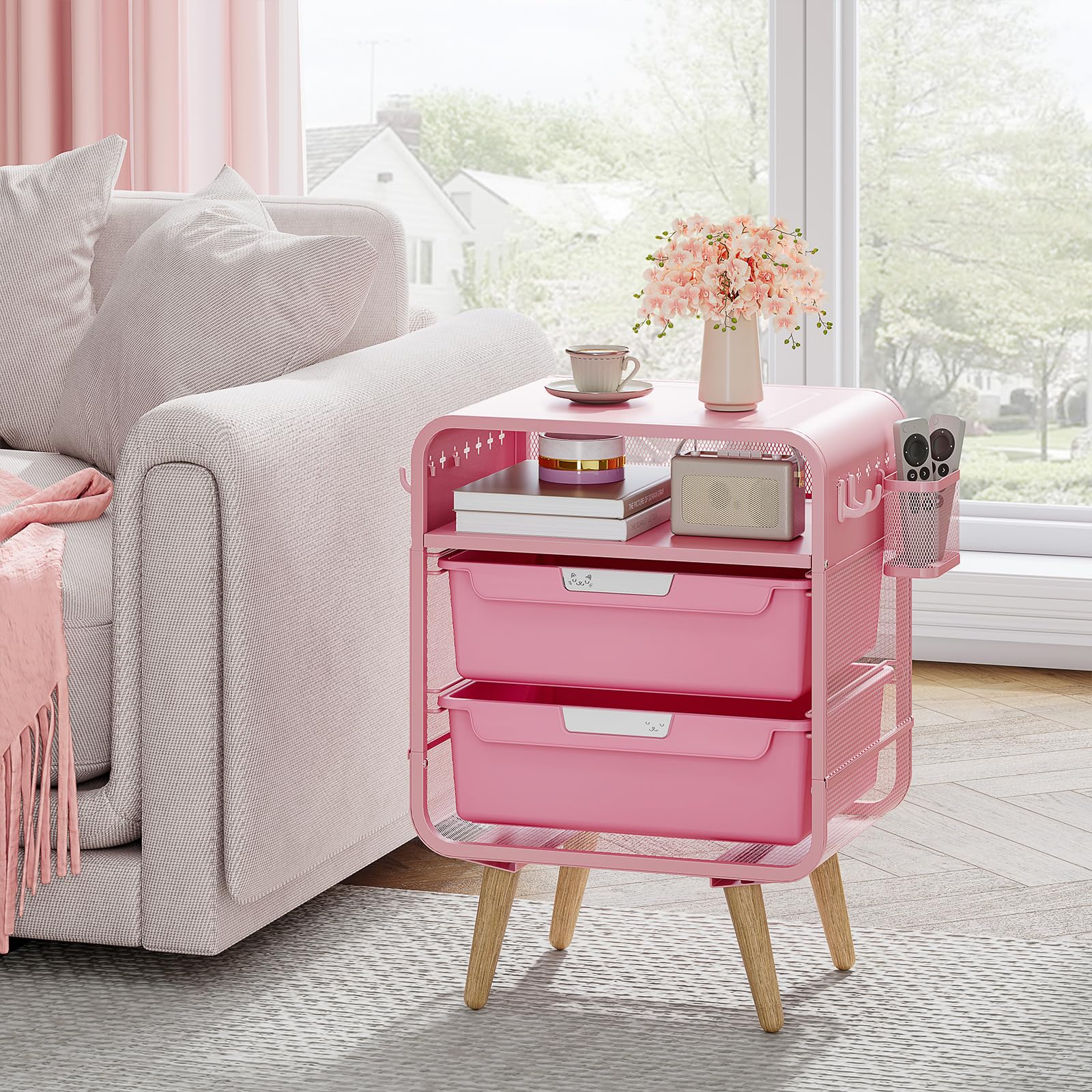 Pink Kids Nightstand with Storage Drawers