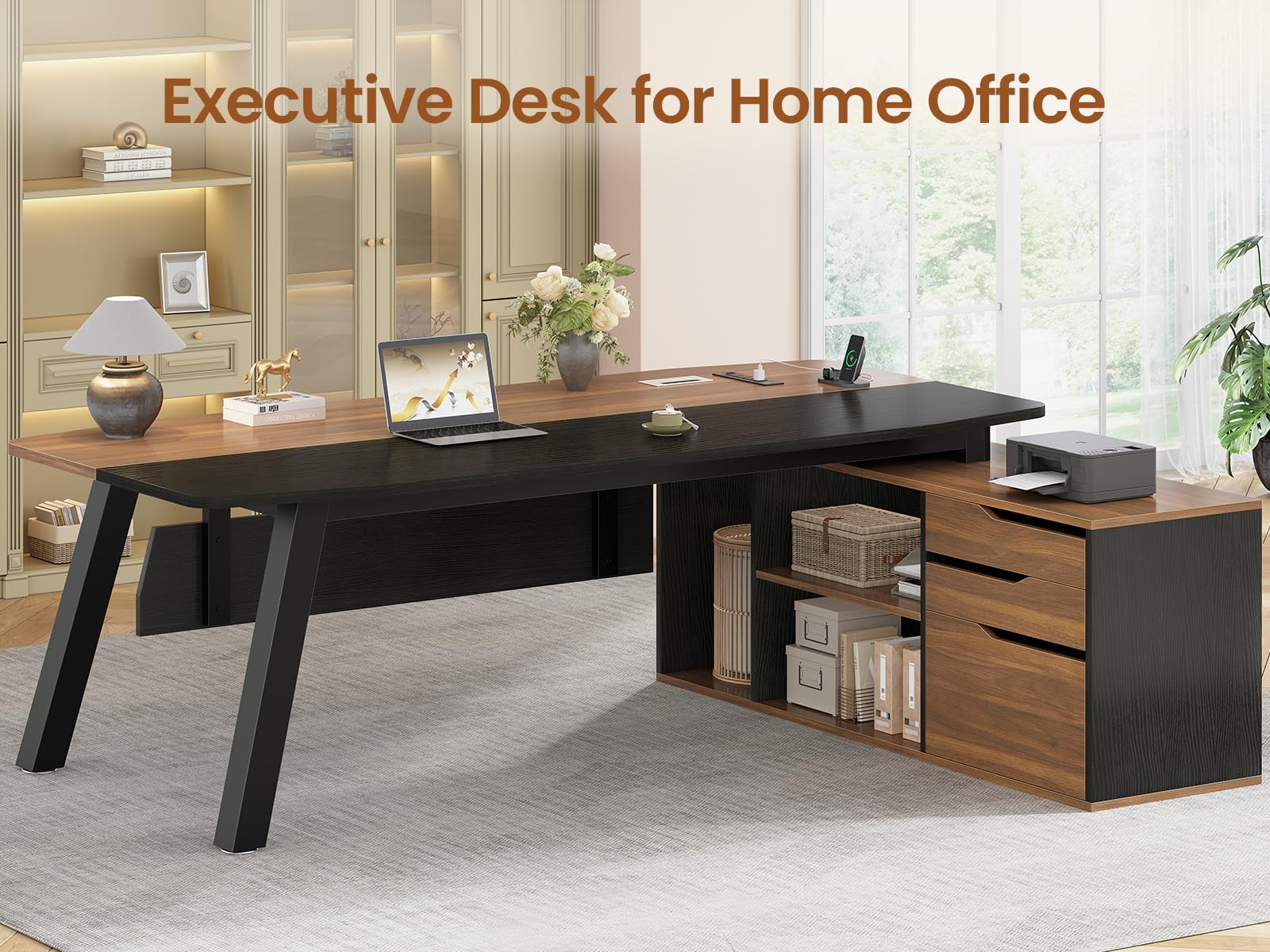 71" Executive Desk with File Cabinet and Power Outlets