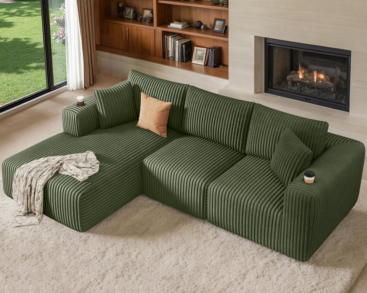 Modular Sectional Sofa with Deep Seat and Cup Holder