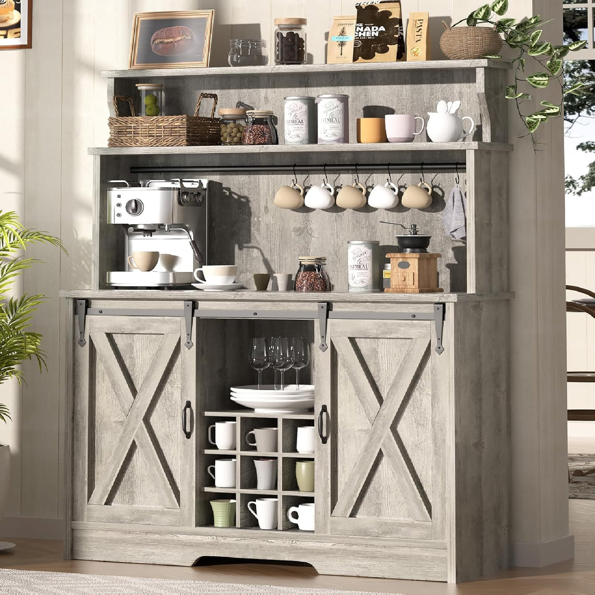 Farmhouse Coffee Bar Cabinet with 3-Tier Storage Hutch