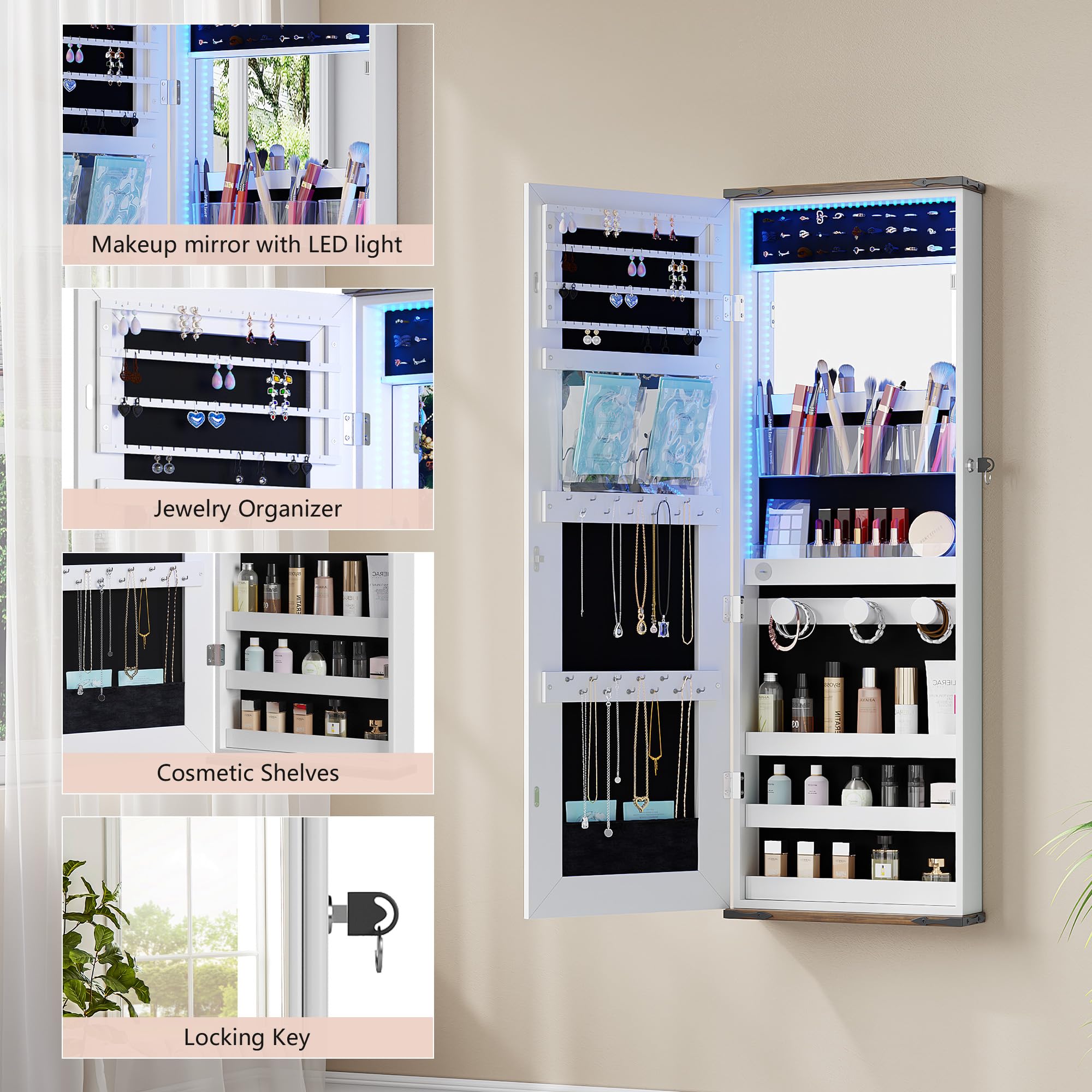 Over the Door Jewelry Organizer Mirror with LED Lights and Lock