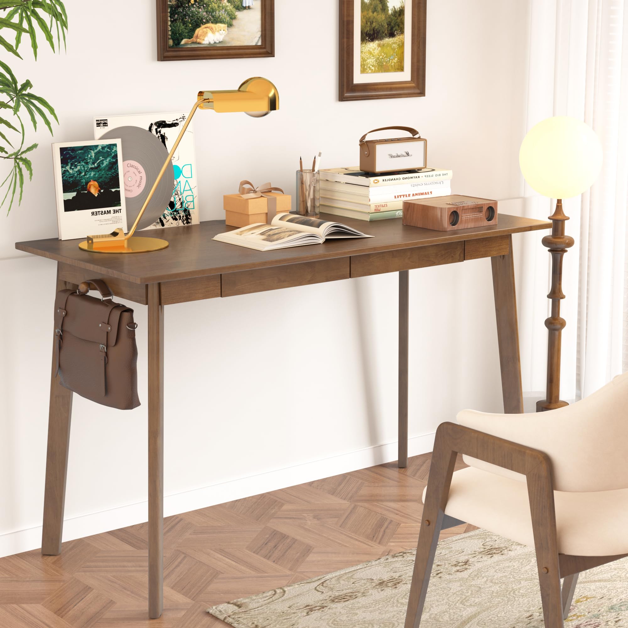 48-Inch Solid Wood Desk with Drawers and Hooks