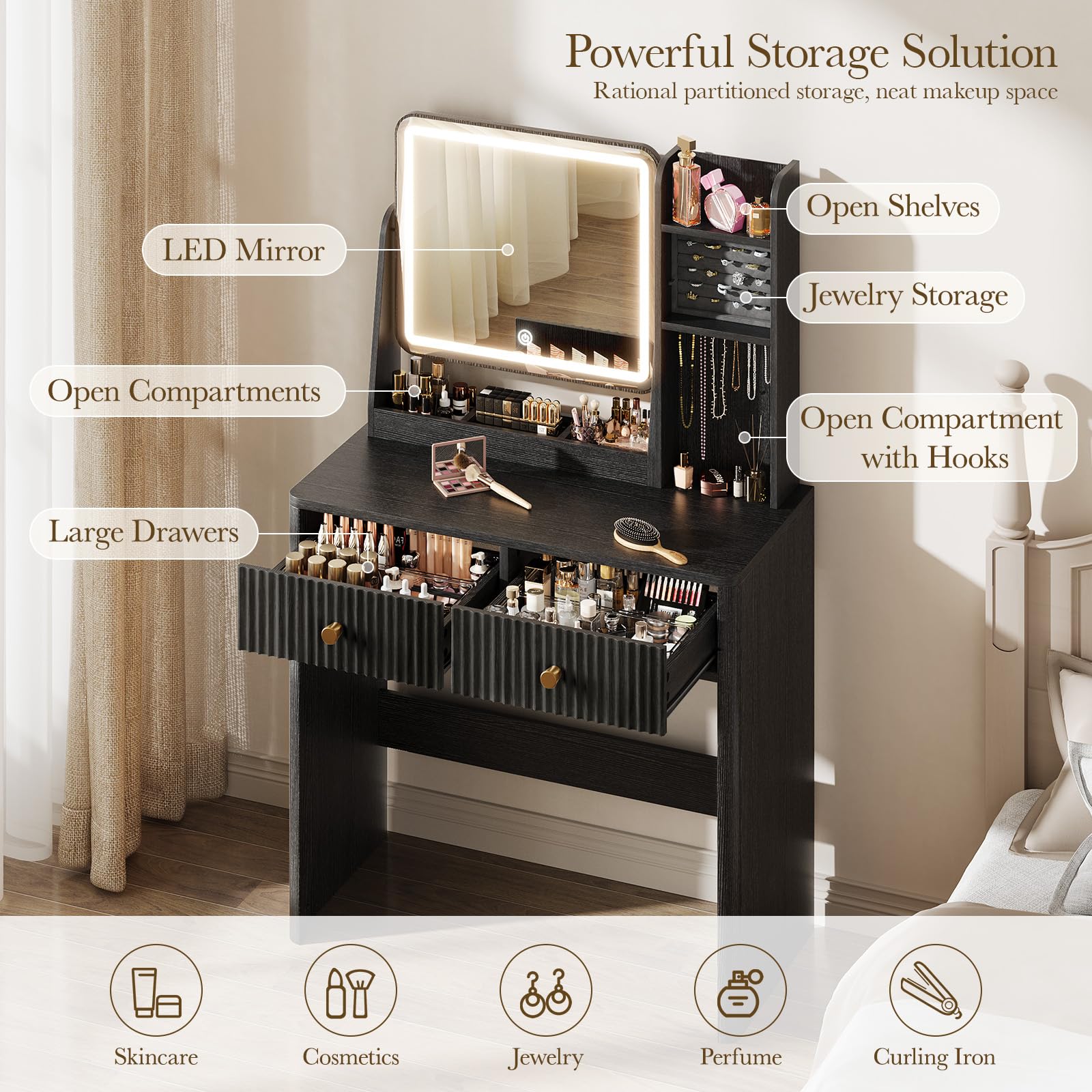 Fluted Vanity Desk with Mirror and Lights