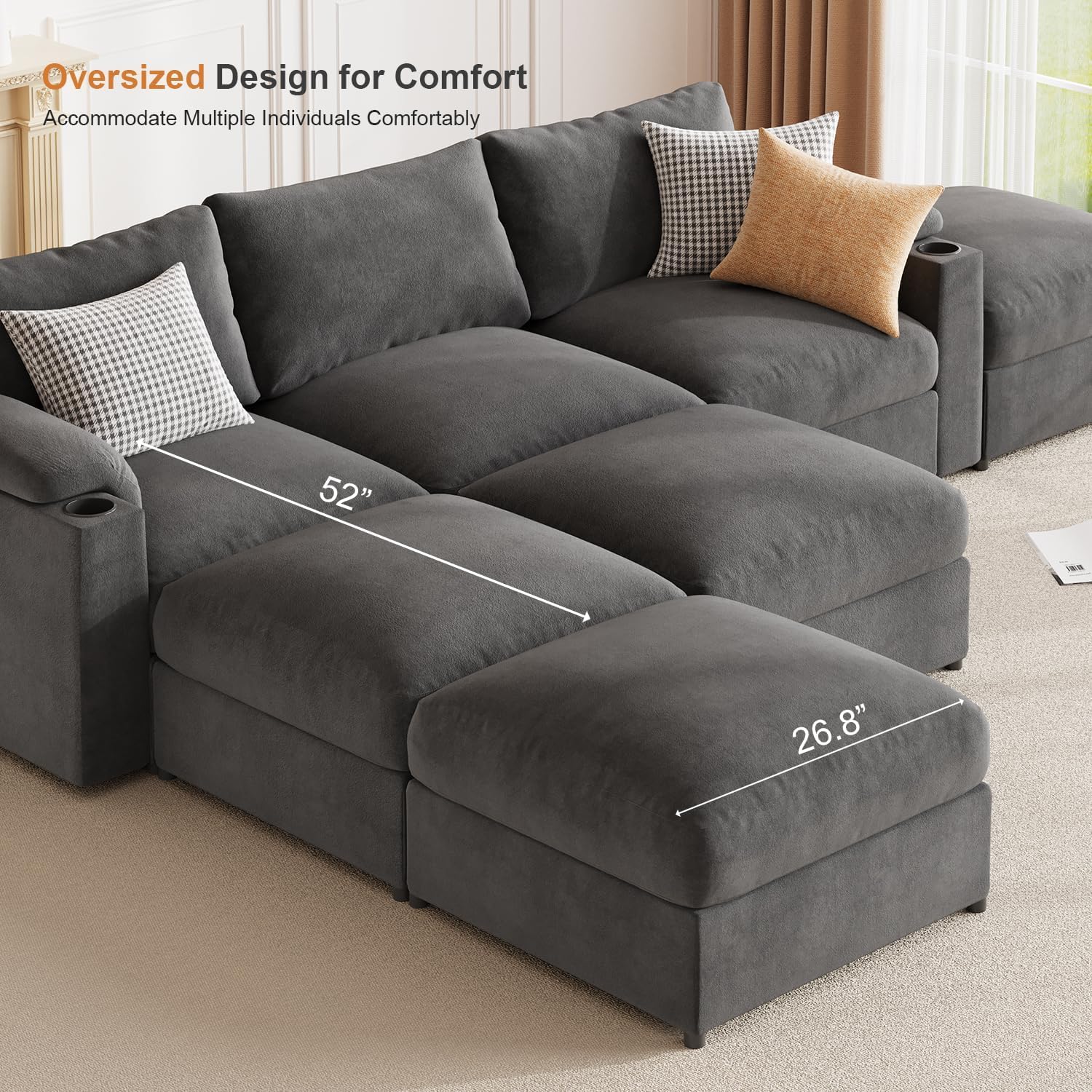 Oversized Modular Sectional Sofa Grey Velvet U-Shaped 8-Seat