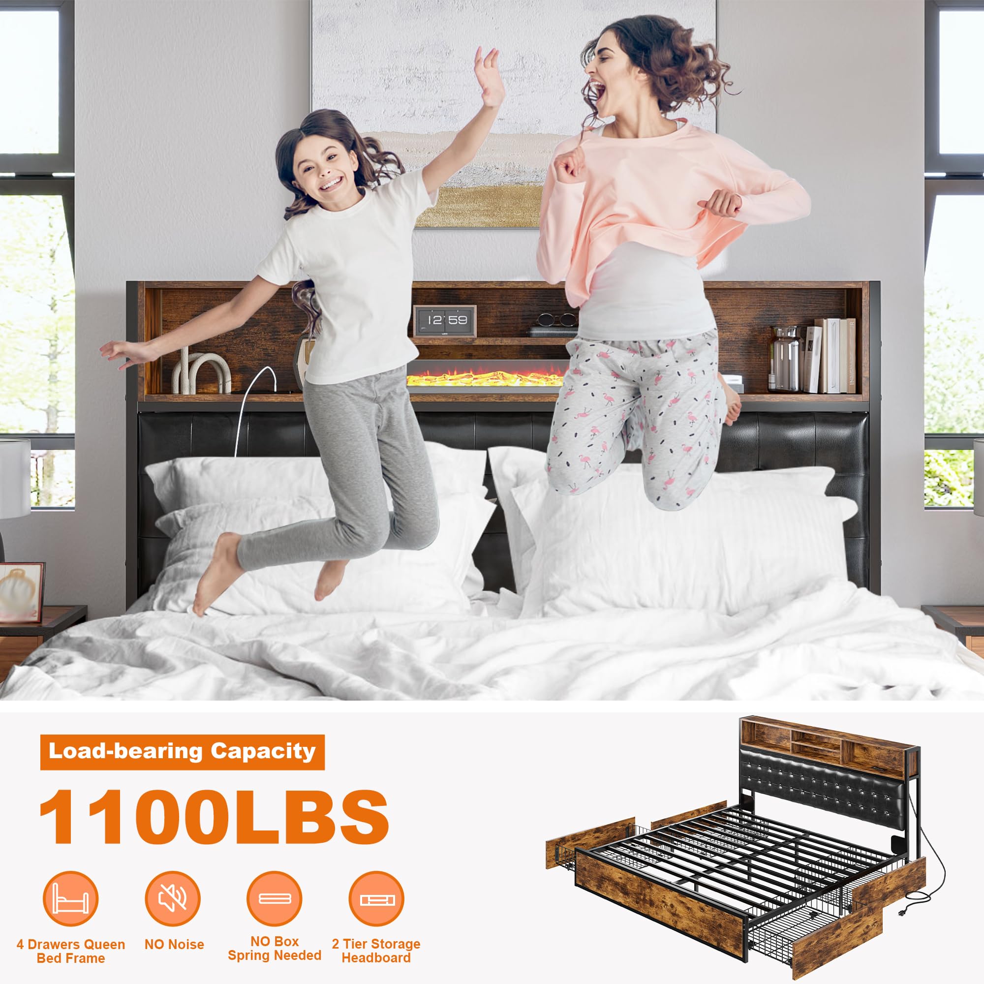 King Size Bed Frame with Storage Drawers and Charging Station