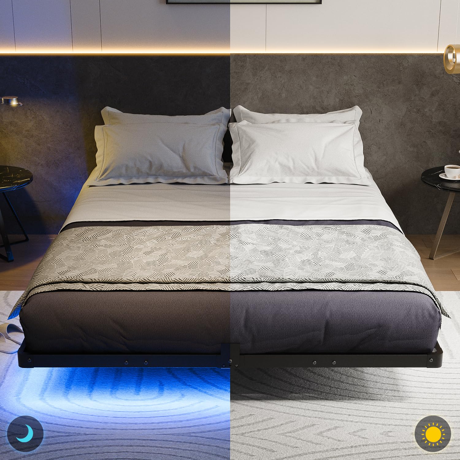 Queen Size Floating Bed Frame with USB Charging Station and LED Lights