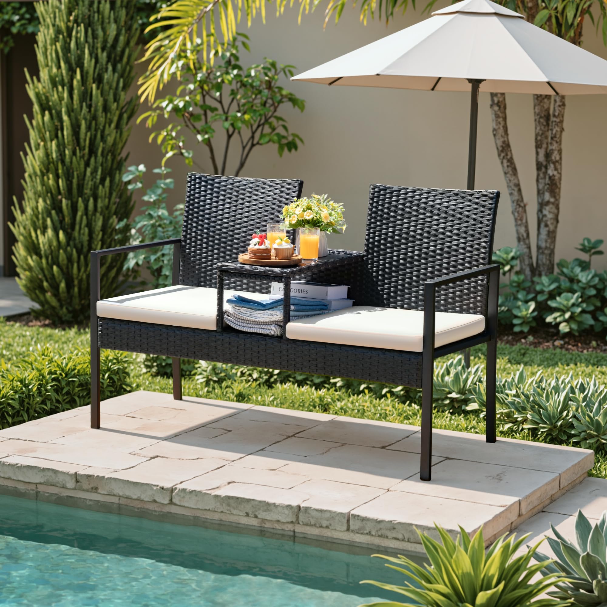 Outdoor Wicker Loveseat with Built-in Coffee Table