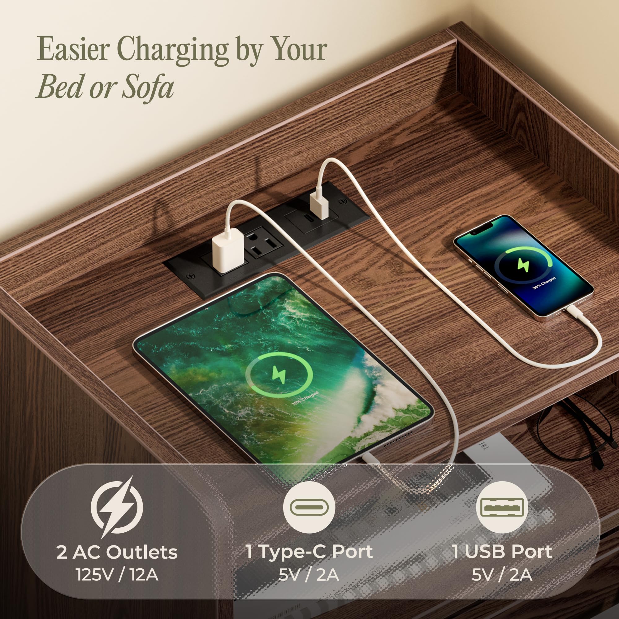 Fluted Nightstand with Charging Station and Drawer