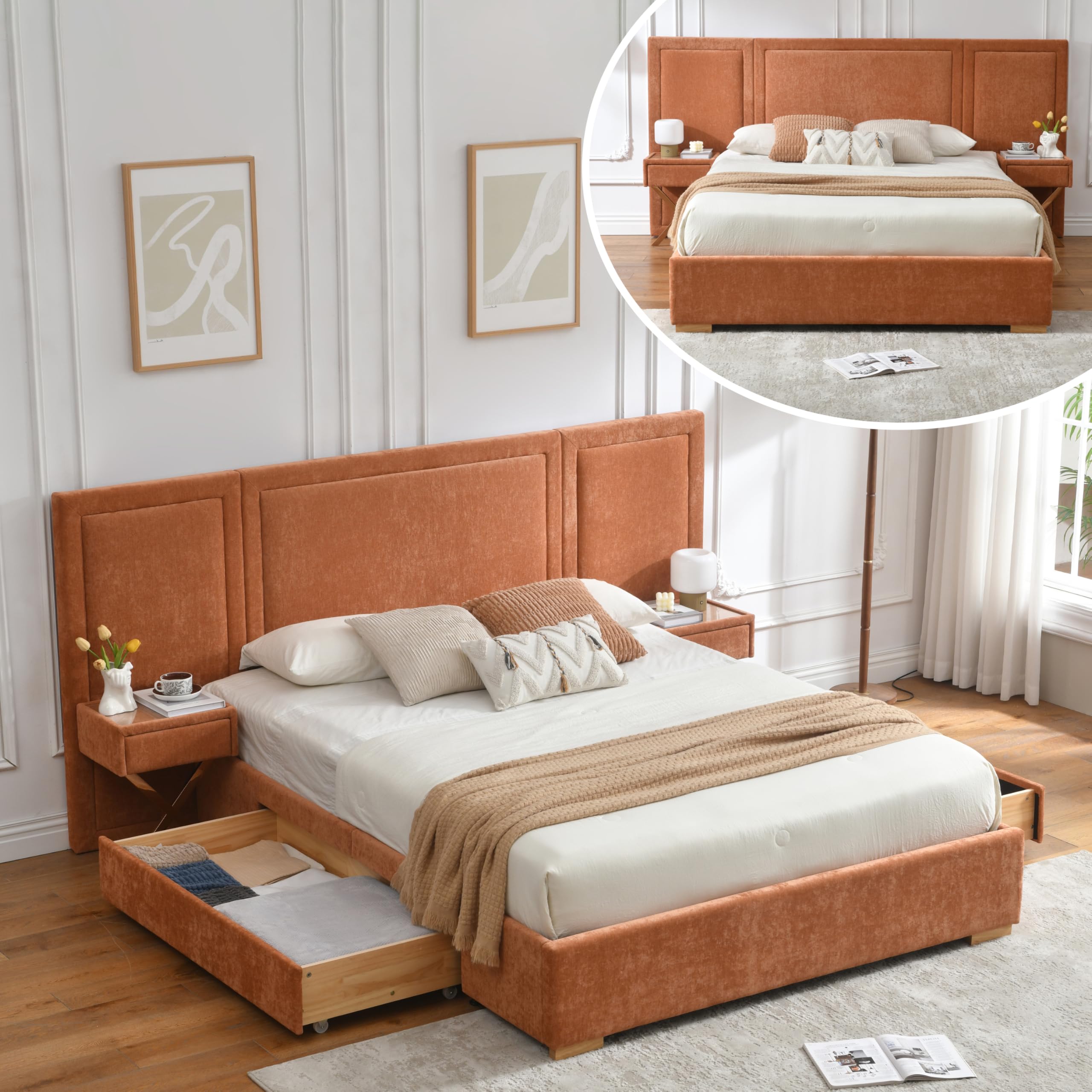 Queen Bed Frame with Storage and Floating Nightstands
