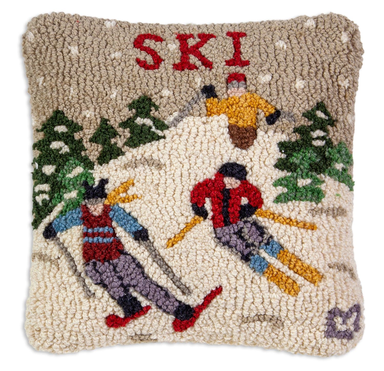Ski Hand-Hooked Wool Throw Pillow