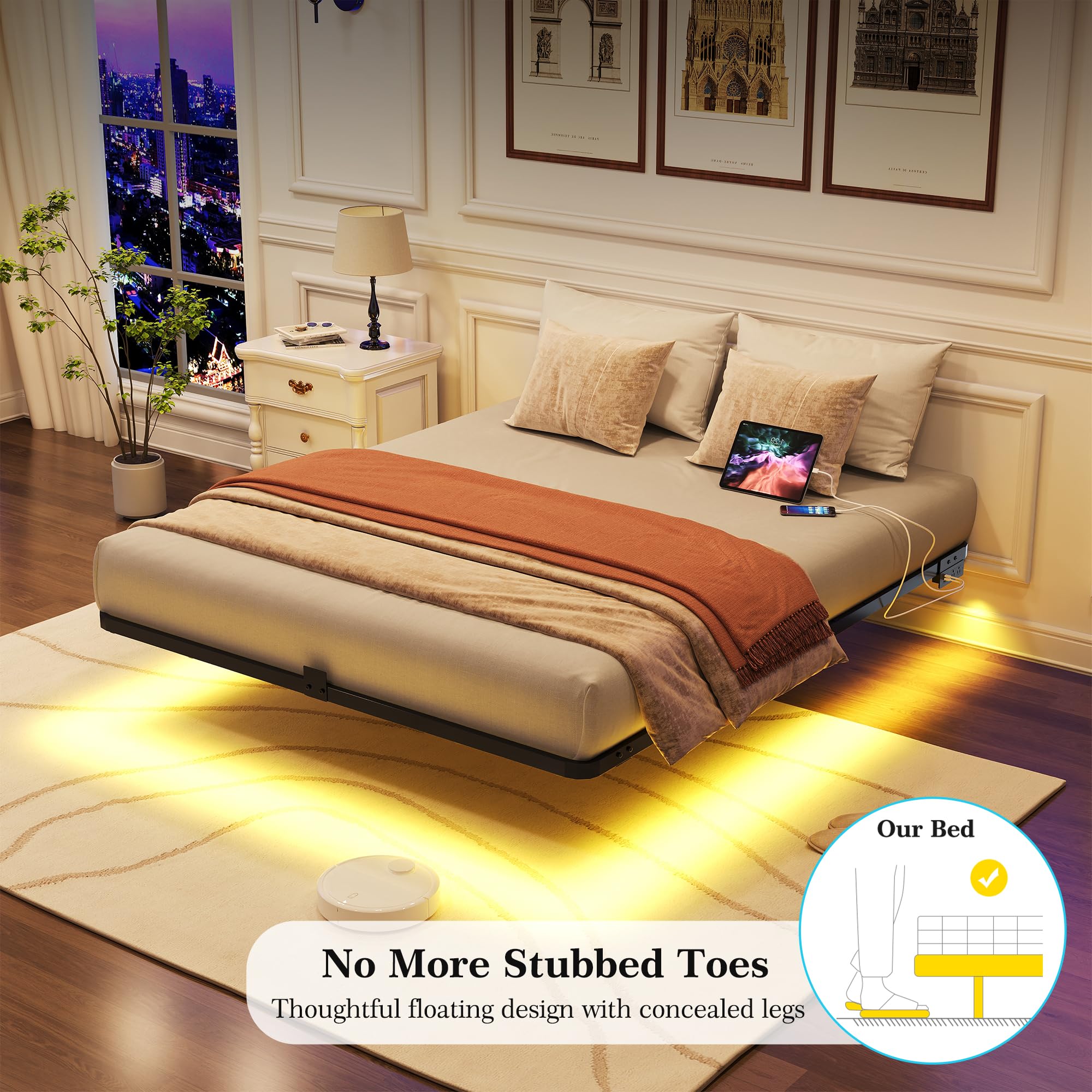Floating Bed Frame with LED Lights and Charging Station Full Size