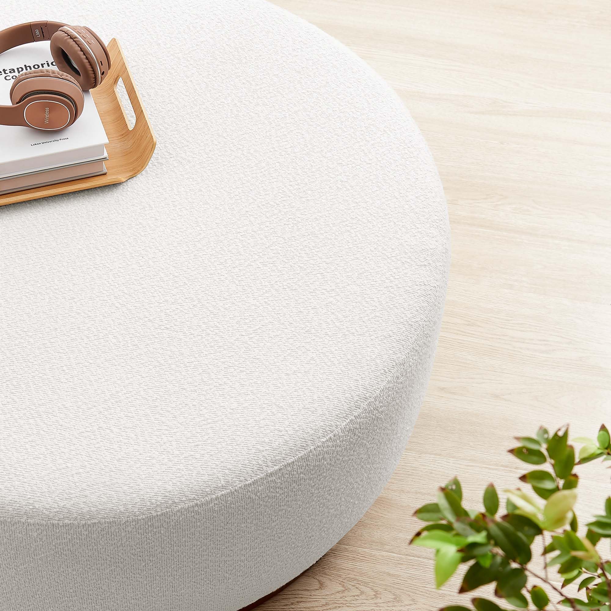 38" Round Boucle Upholstered Ottoman