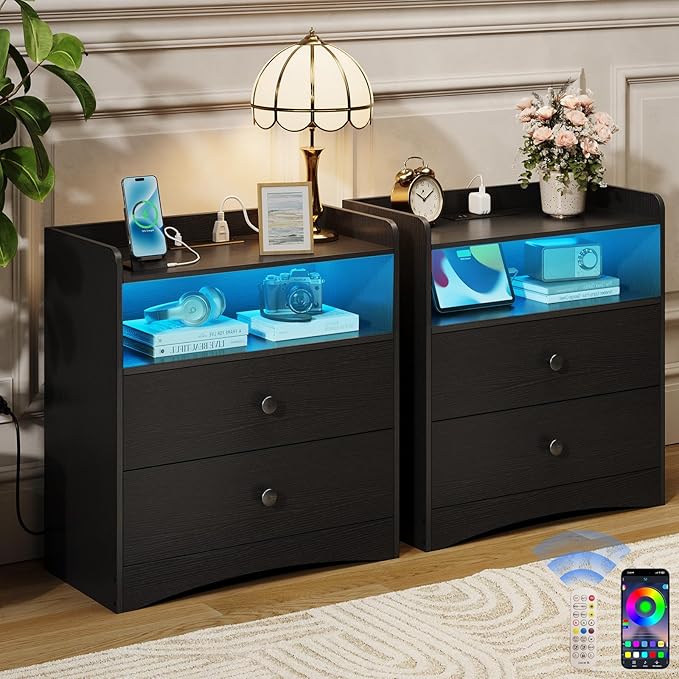 Nightstand with Charging Station and LED Light