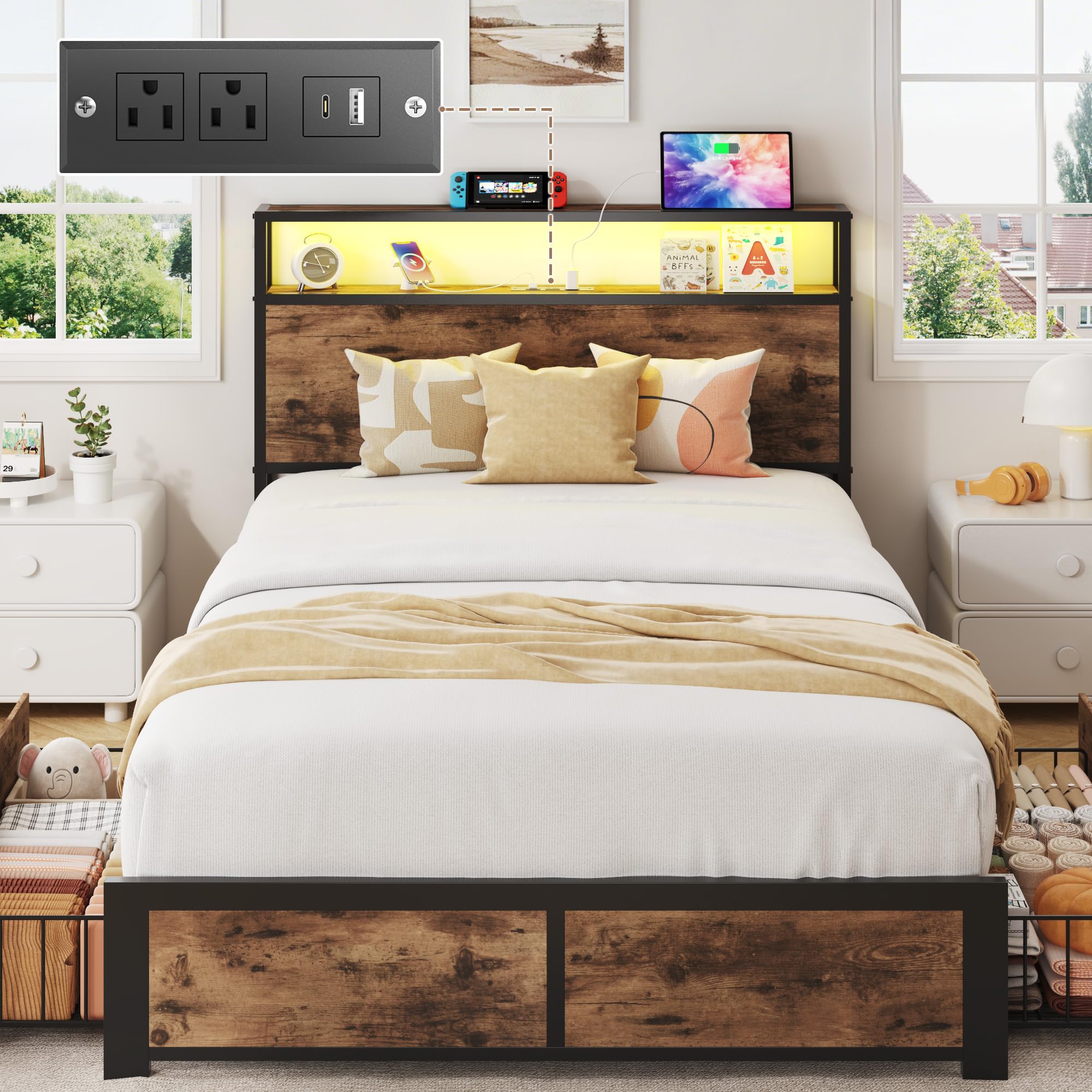 Twin Bed Frame with Storage Headboard and Charging Station