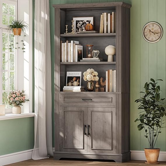 6-Tier Farmhouse Bookcase with Doors and Drawer