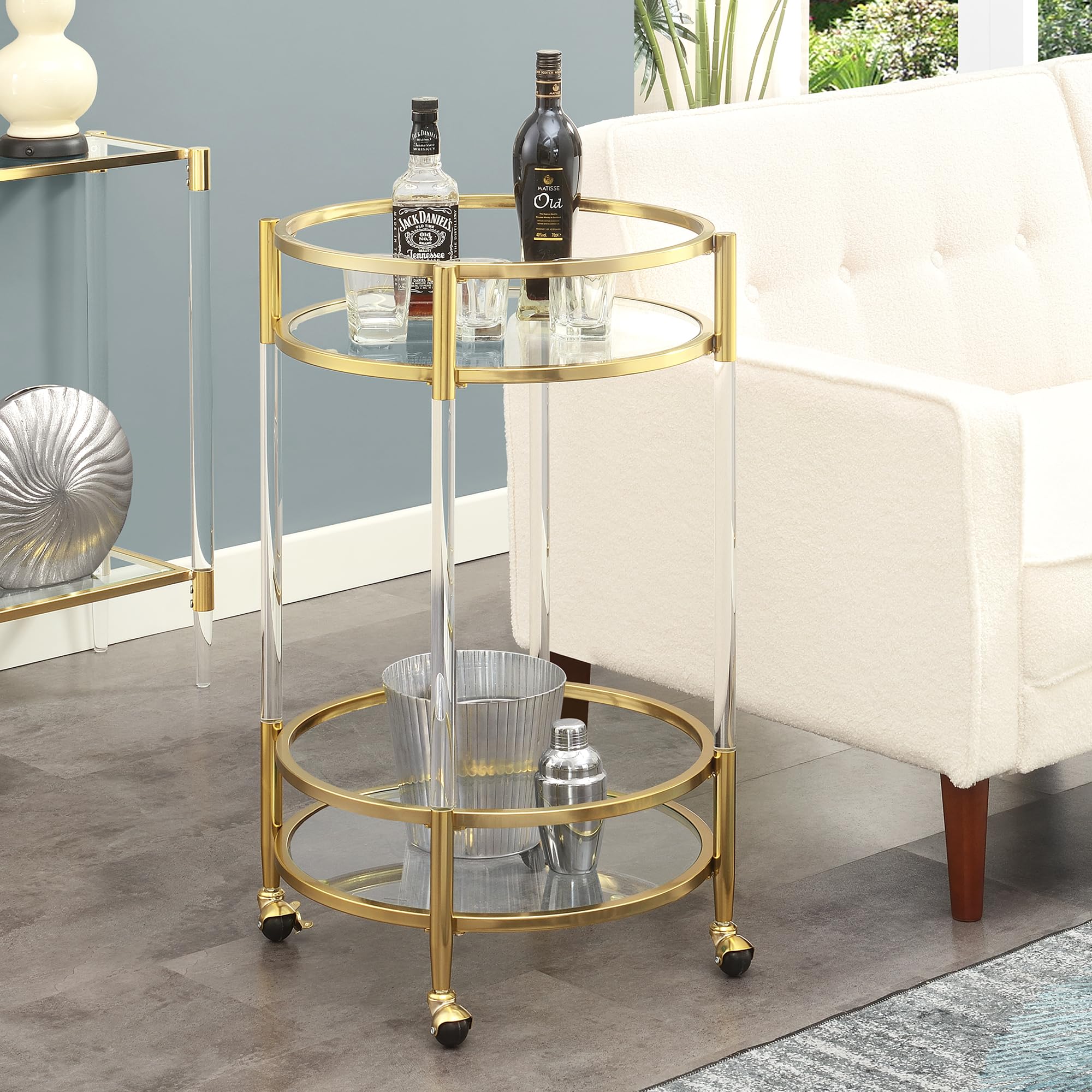 Acrylic Round Glass Bar Cart with Wheels