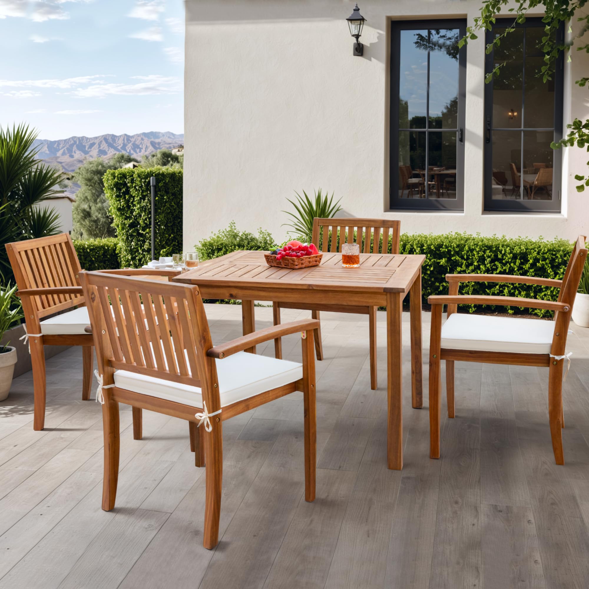 Flamaker 5 Piece Outdoor Dining Set Acacia Wood Patio Table and Chairs with Soft Cushions Patio Furniture for Deck, Backyard, Garden