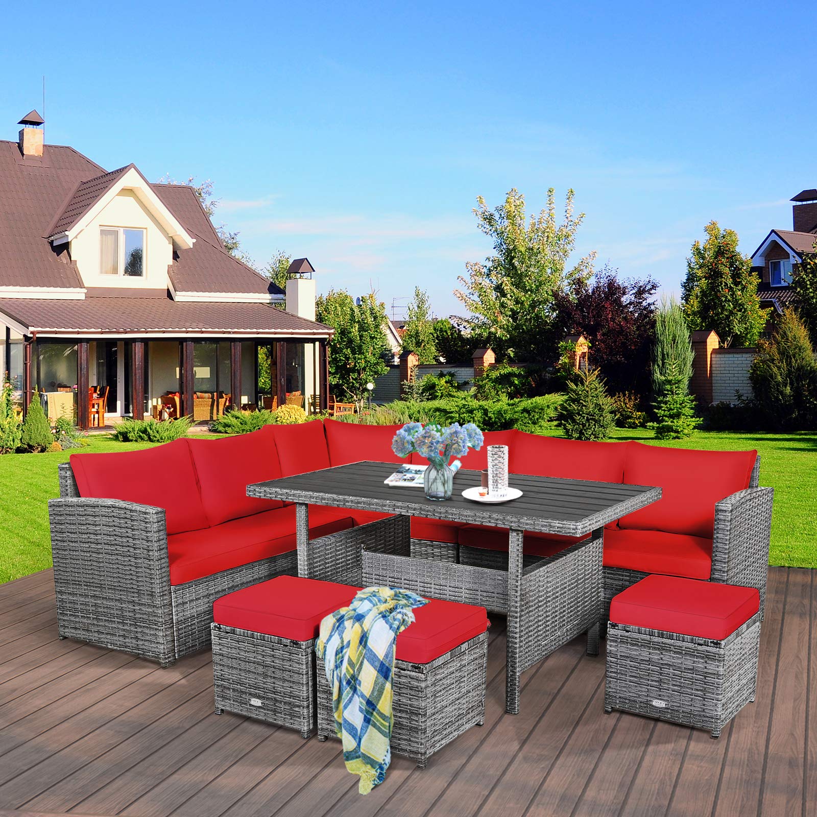 7-Piece Outdoor Rattan Sectional Sofa Set with Cushions