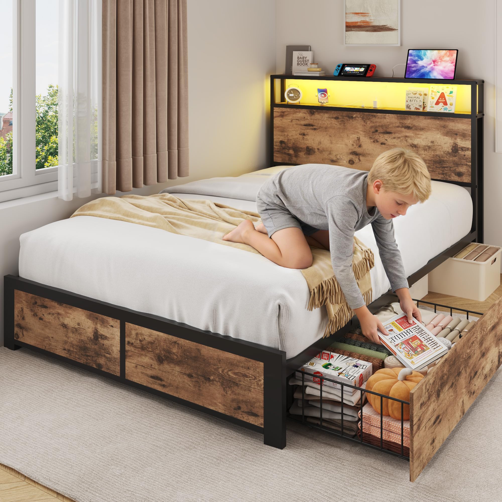 Twin Bed Frame with Storage Headboard and Charging Station