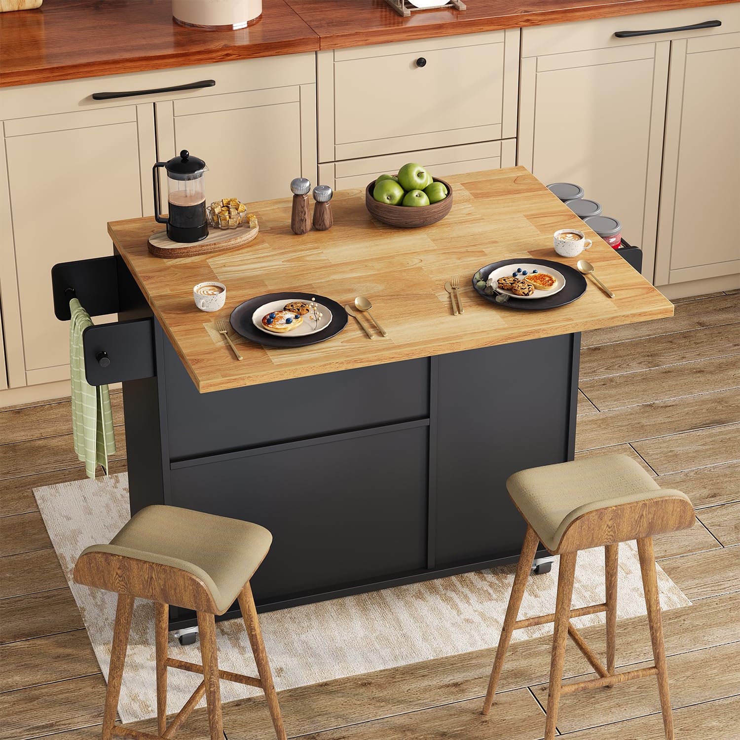 Rolling Kitchen Island with Storage Cabinet and Drop Leaf Countertop