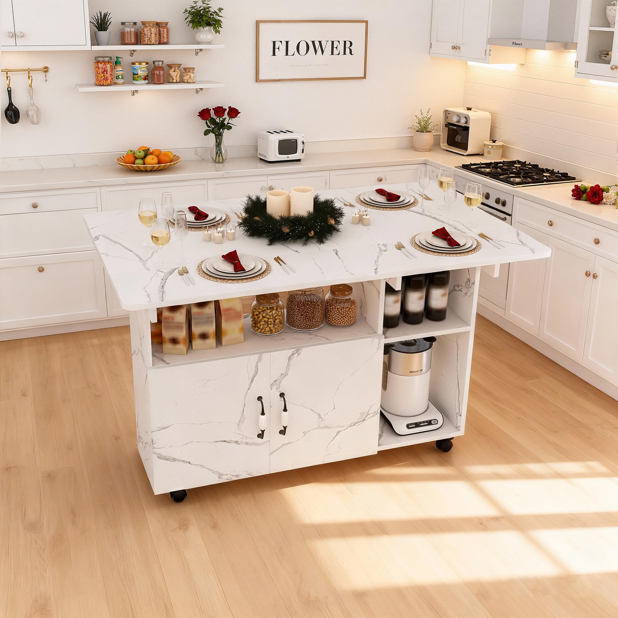 Foldable Kitchen Island Cart with Storage and Drop Leaf