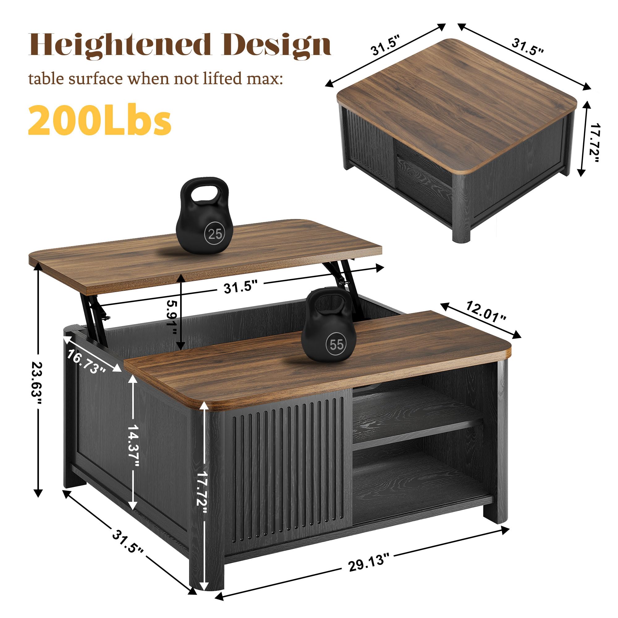 Lift Top Coffee Table with Storage 31.5" Square Mid Century Modern