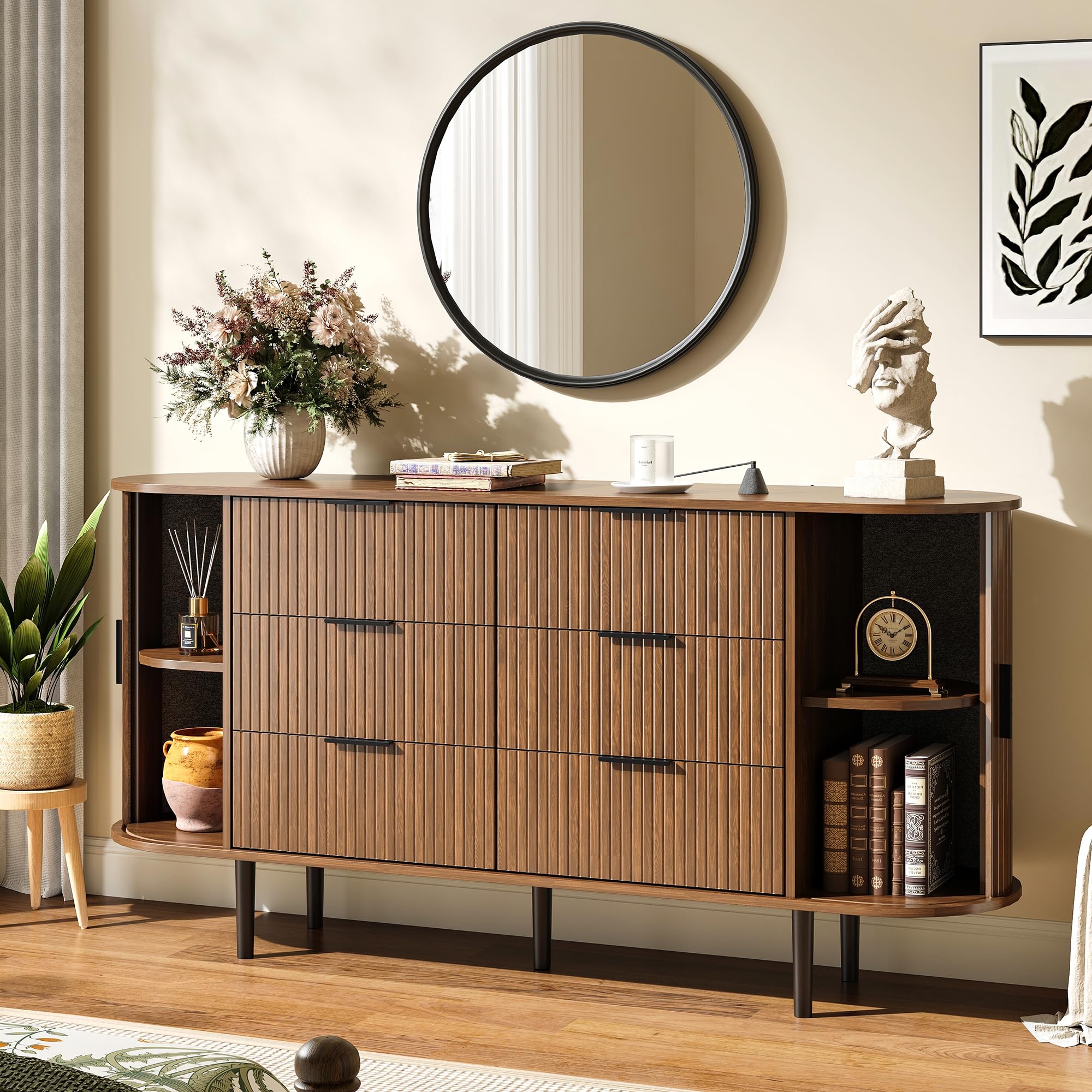 Fluted 6 Drawer Dresser 63" Wide with Metal Handles