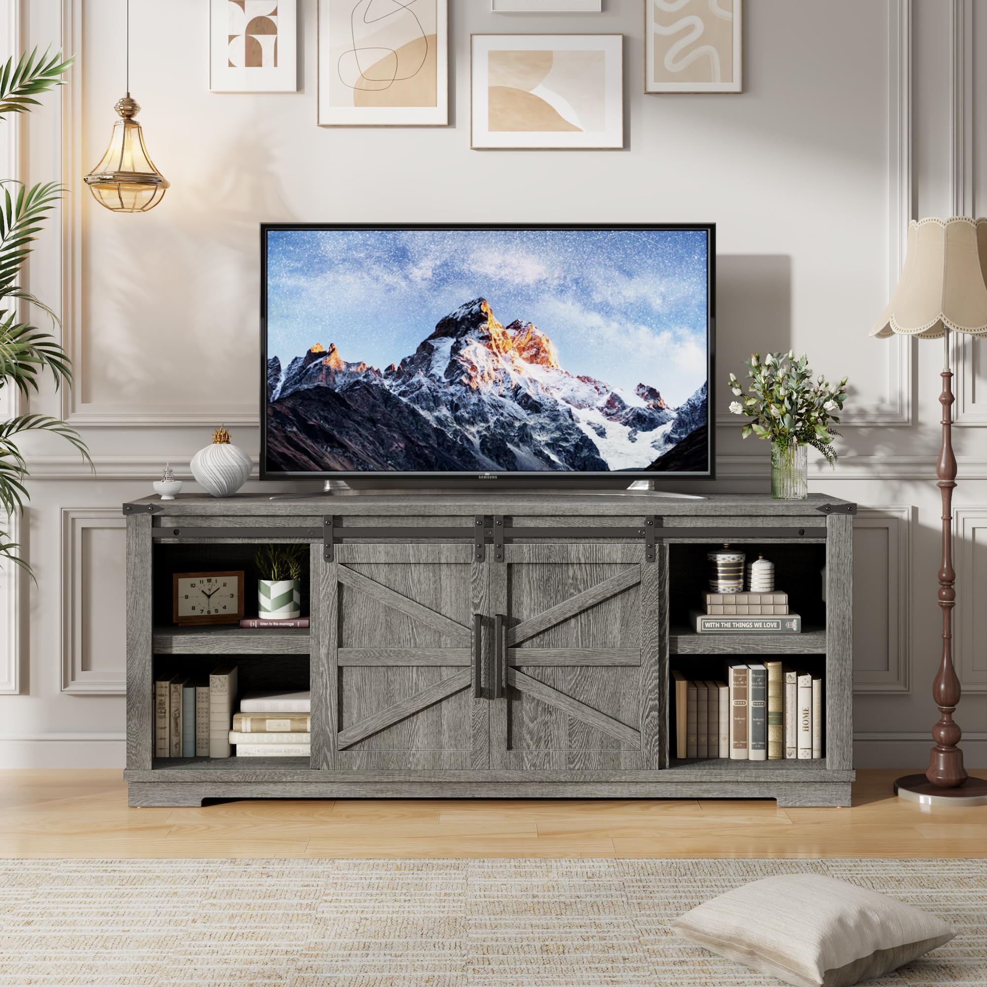 Farmhouse TV Stand with Sliding Barn Doors