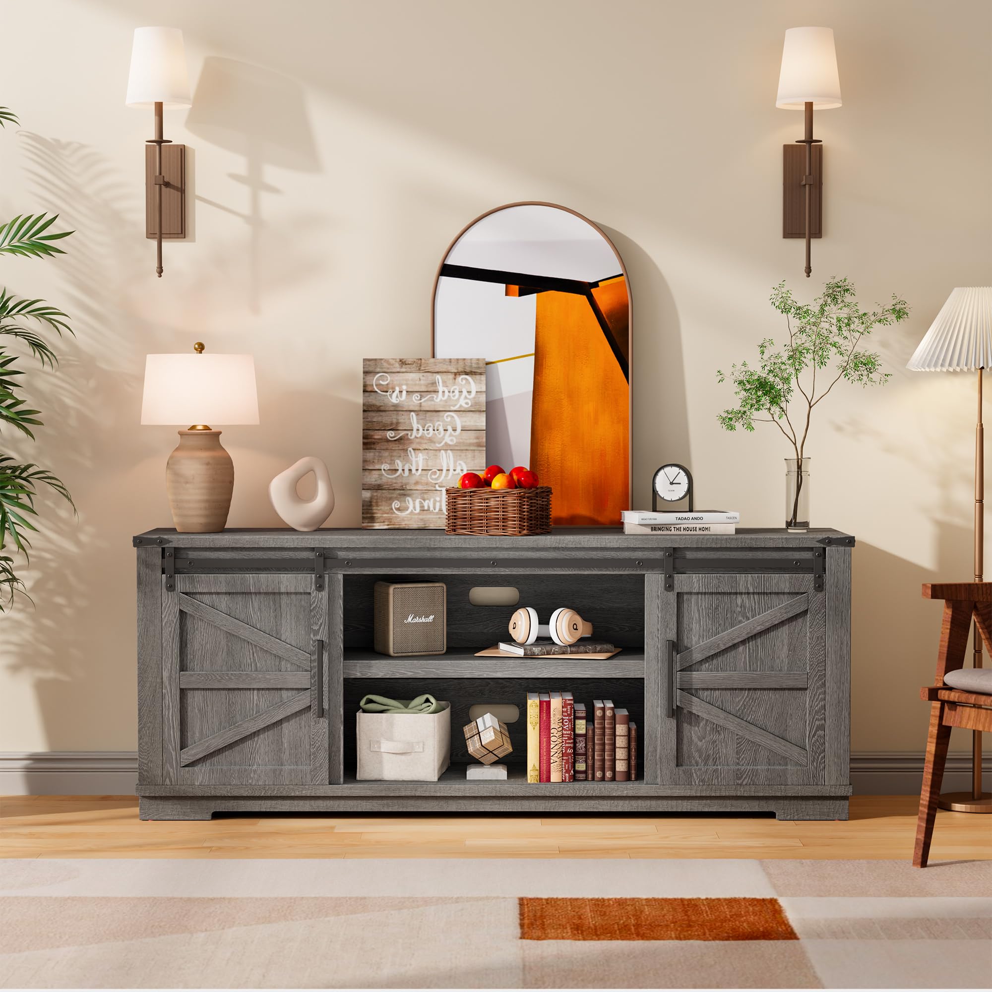 Farmhouse TV Stand with Sliding Barn Doors