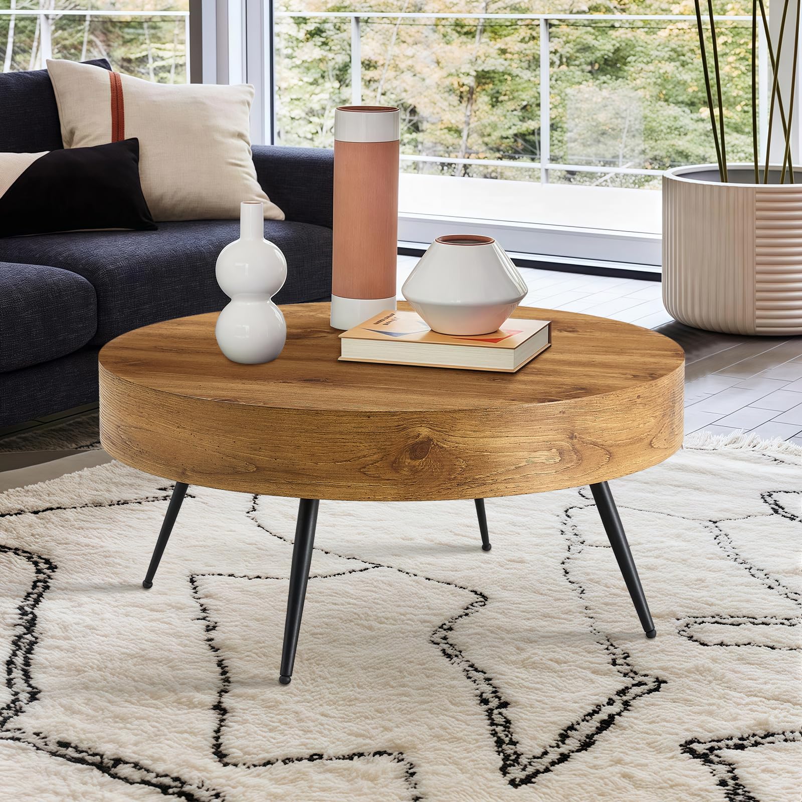 Round Wood Coffee Table with Storage