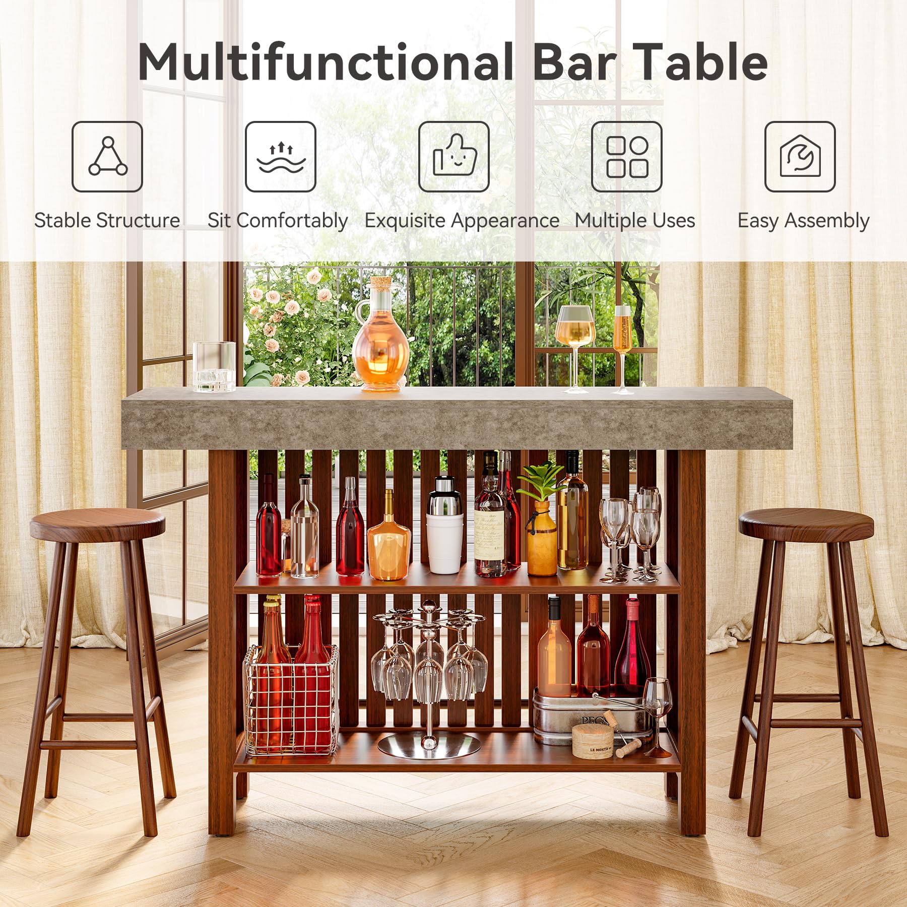 63-Inch Home Bar Table with 2-Tier Storage