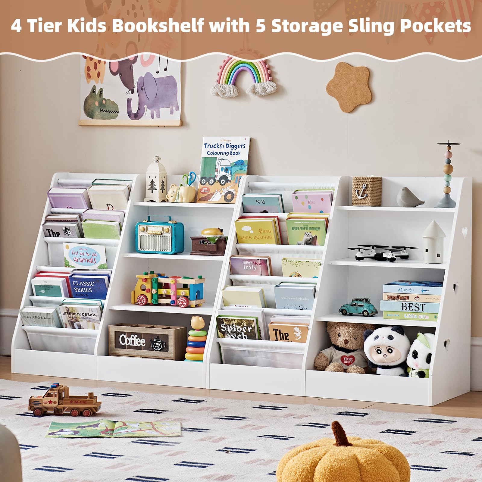 4 Tier Kids Bookshelf with Storage