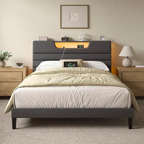Queen Size Upholstered Platform Bed with LED Lights and Charging Station