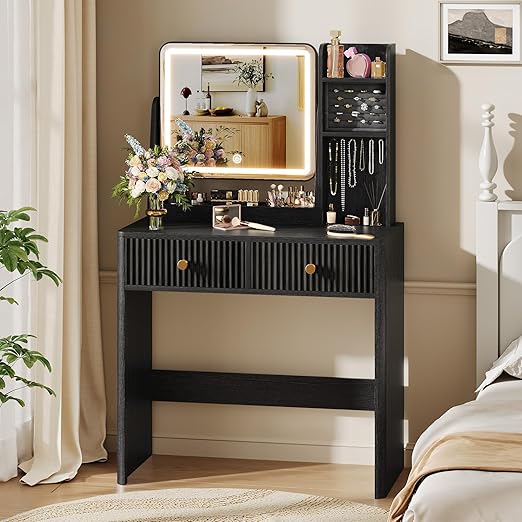 Fluted Vanity Desk with Mirror and Lights