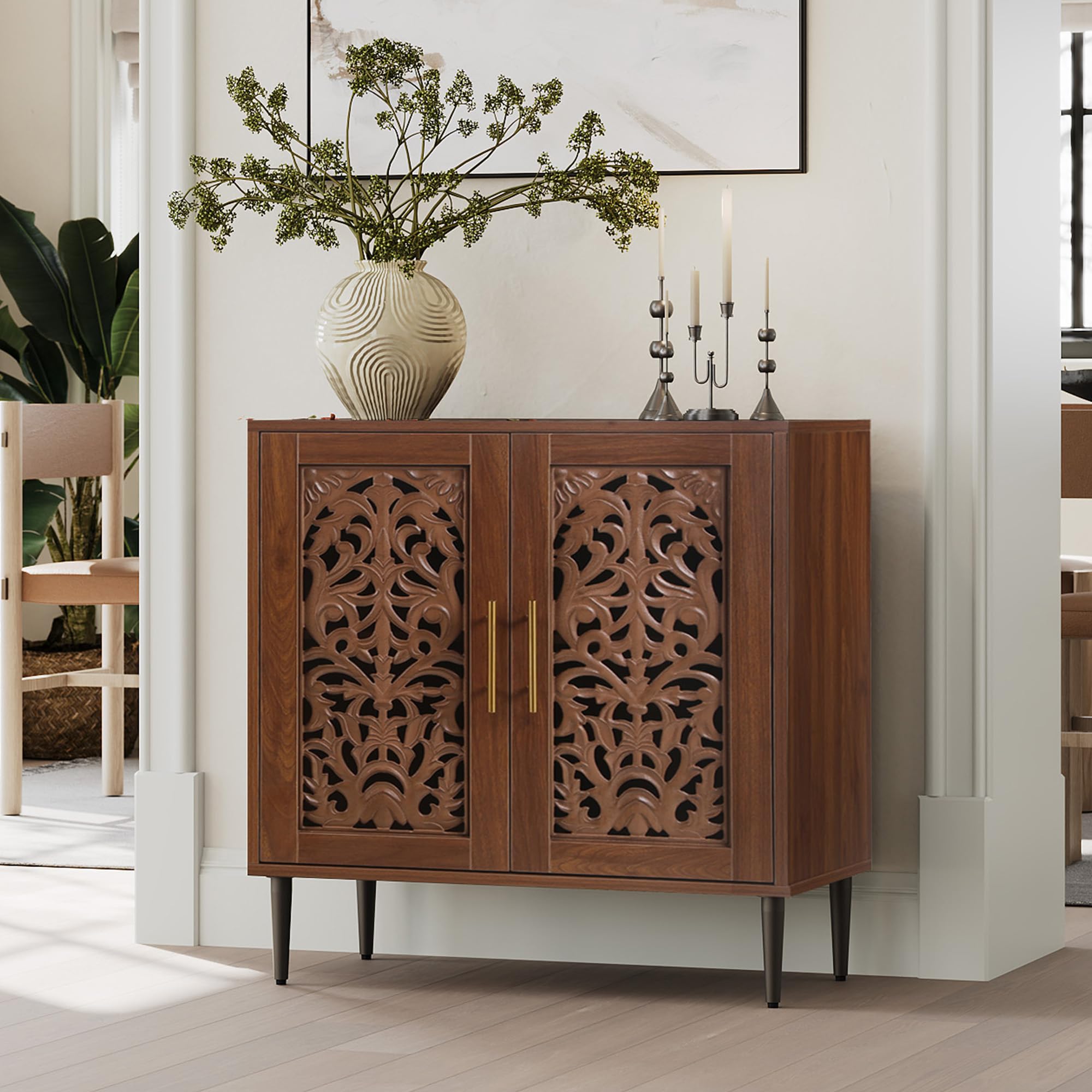 Vintage Hollow Carved Buffet Cabinet with Storage