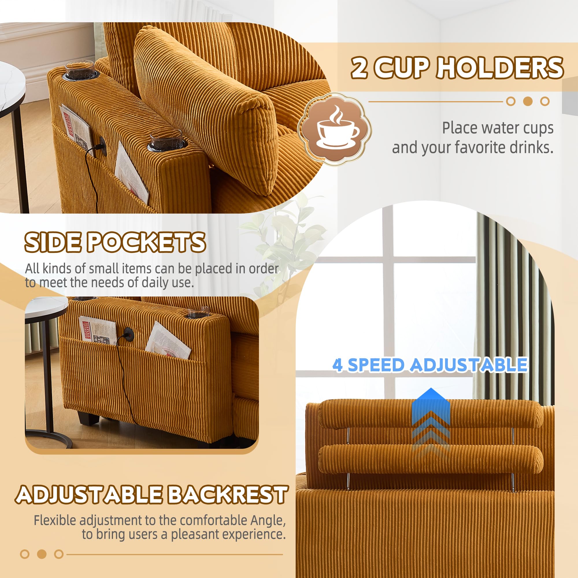 Oversized Double Chaise Lounge Cloud Couch with USB & Cup Holders