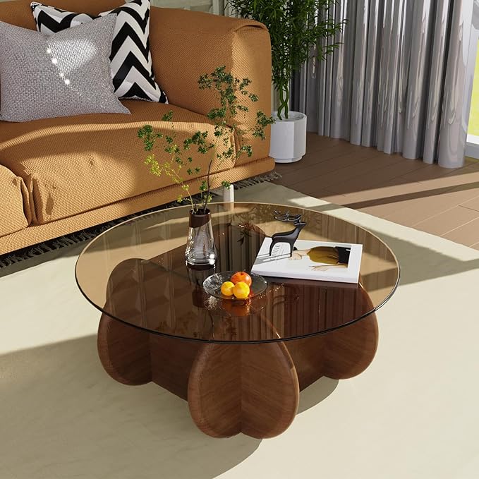 Round Glass Coffee Table with Wood Legs