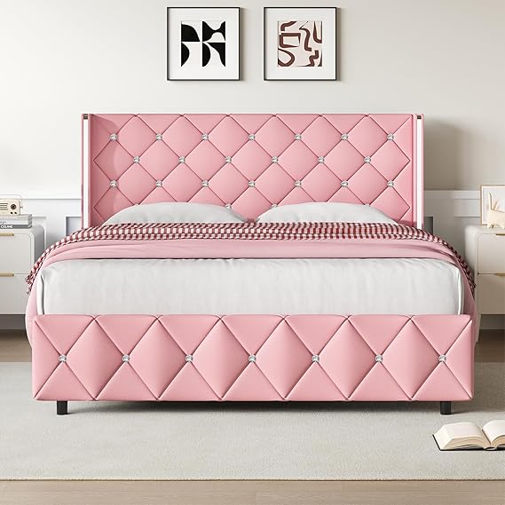 Full Size Diamond Tufted Bed Frame Purple