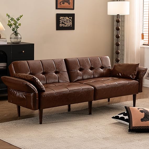 85" Futon Sofa Bed with Storage and Adjustable Armrests