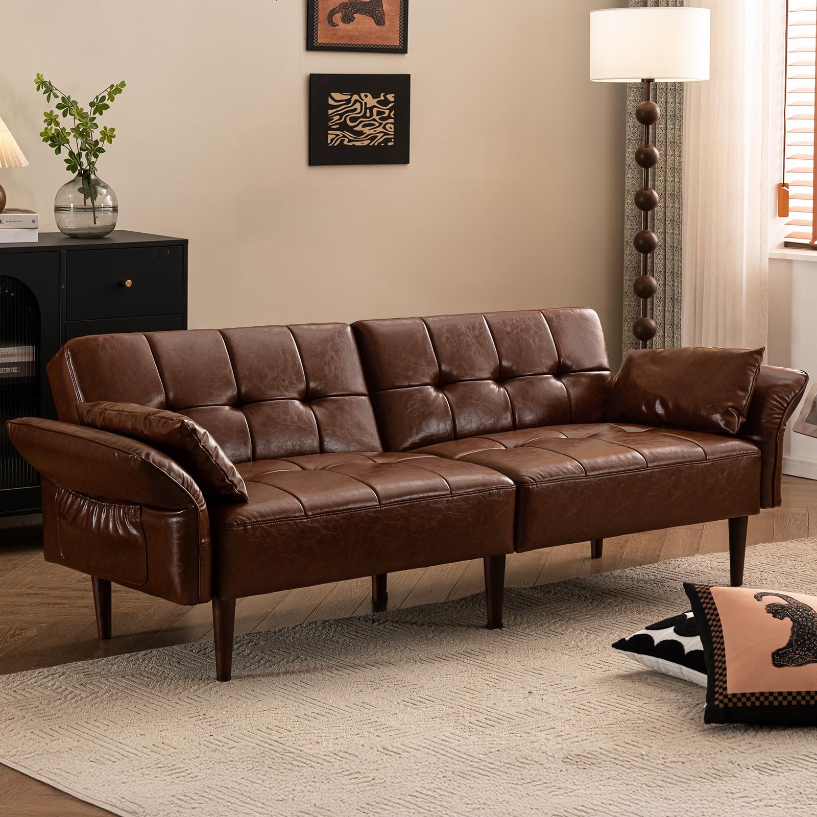 HALLYBEE Futon Sofa Bed, Sleeper Sofa, Small Couch with Storage Adjustable Armrests Pillows, Faux Leather Loveseat, Mid Century Modern Couches for Living Room, Bedroom, Apartment, Red Brown