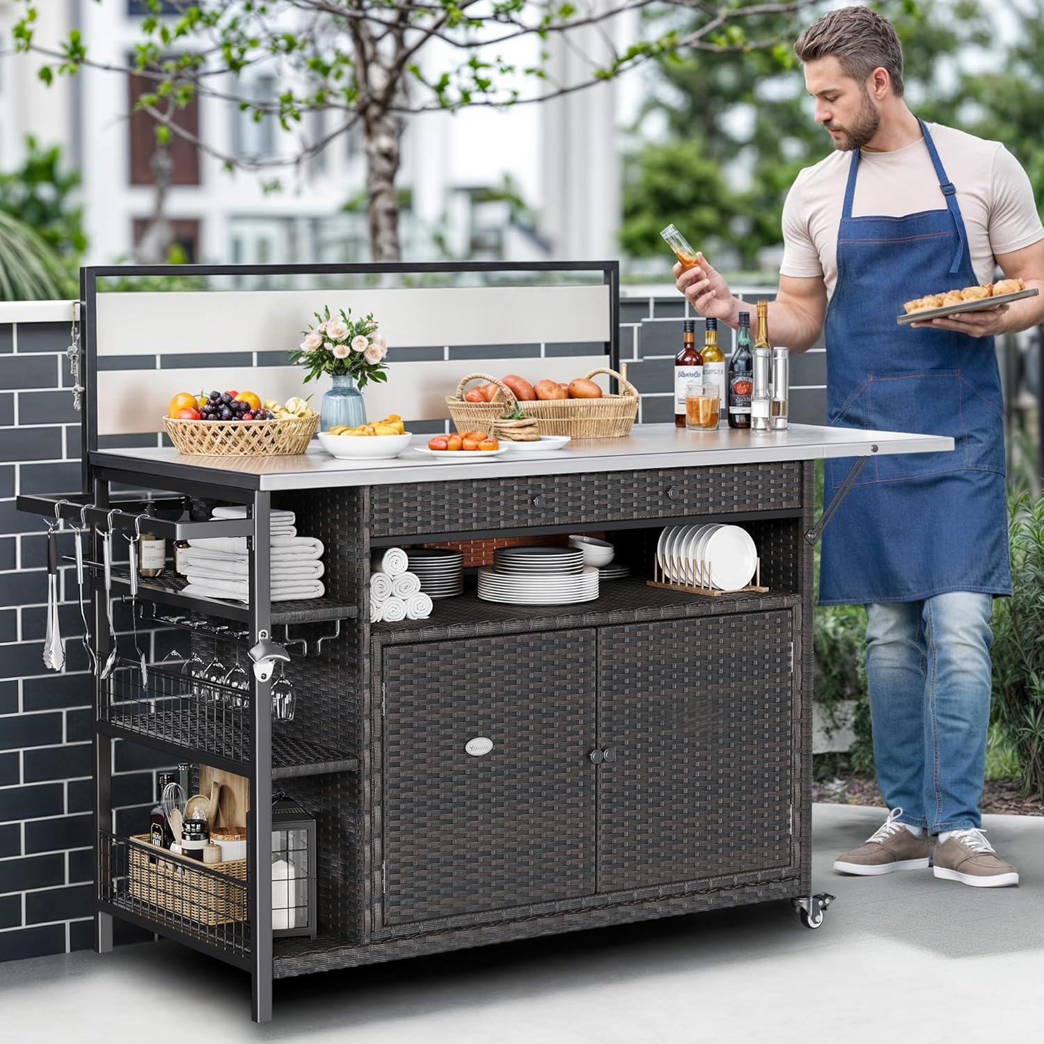 Outdoor Kitchen Wicker Island Rolling Cart with Glass Top