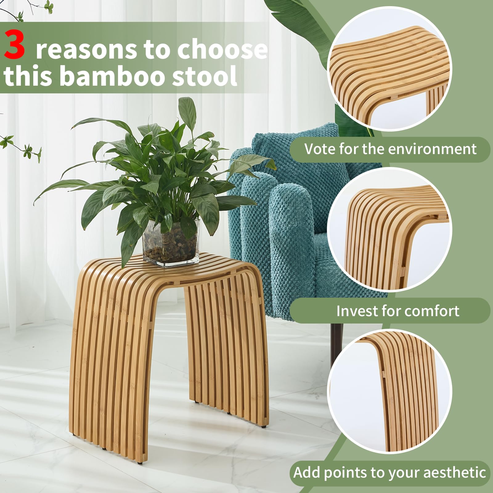 Bamboo Shower Bench Non-Slip Waterproof Bathroom Stool