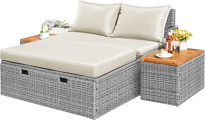 Outdoor Rattan Lounge Chair Set with Side Tables